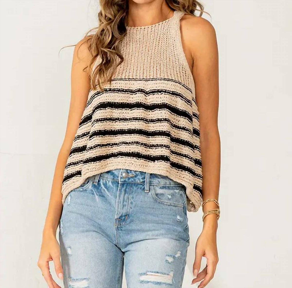 Sew In Love - Relaxed Fit Striped Crochet Knit Tank