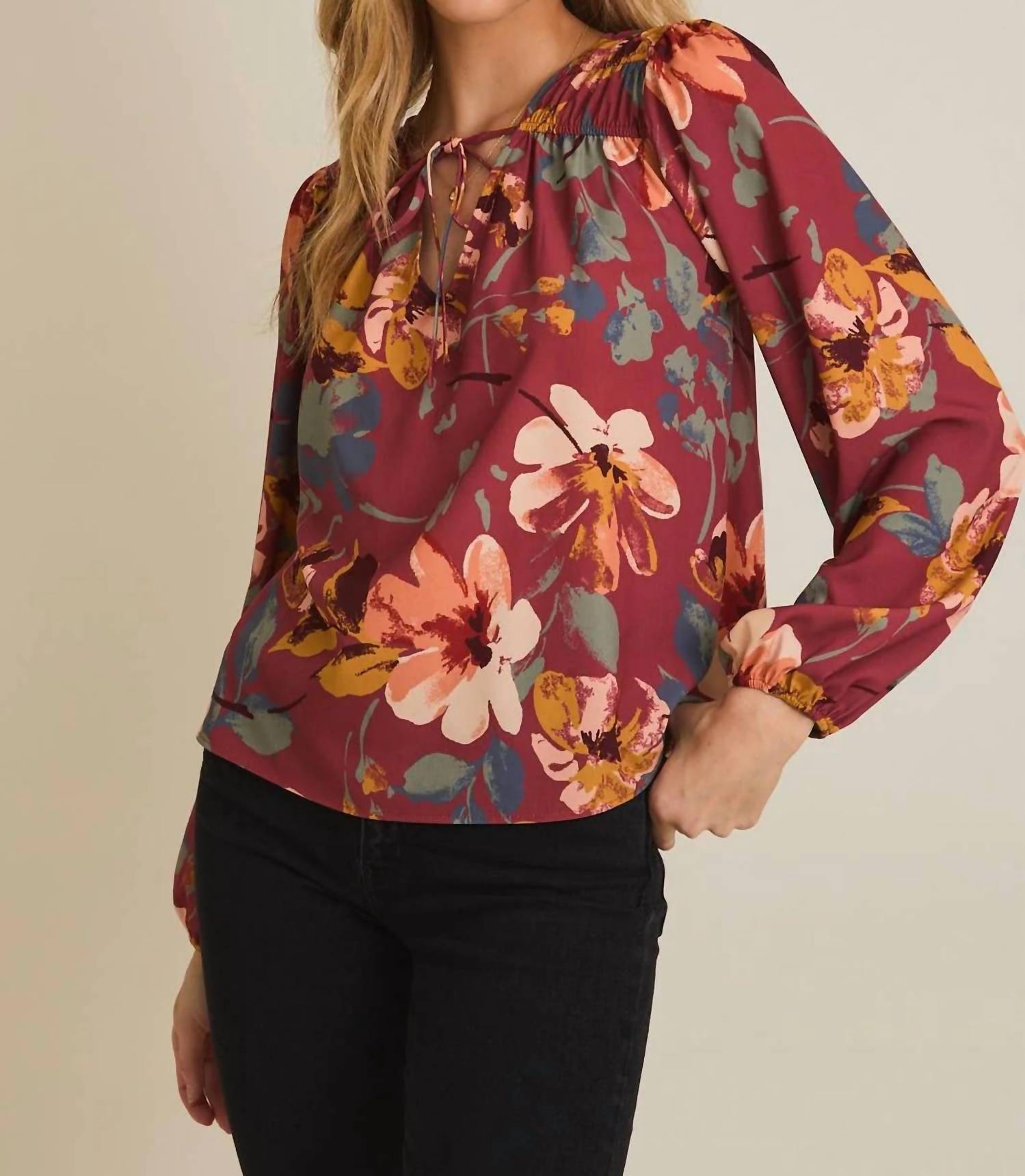 Gilli - V-neck Front Tie Long Sleeve Top