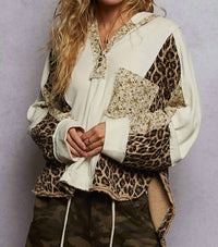 POL Printed Contrast Thermal Hooded Knit Top in cream - women's long sleeve top - detail view