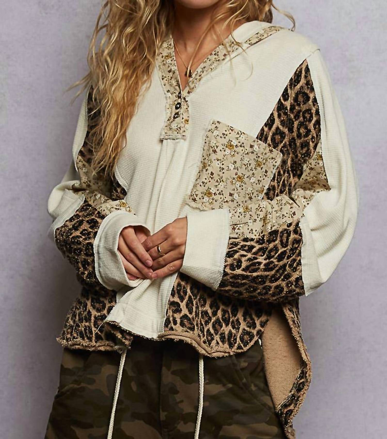 POL Printed Contrast Thermal Hooded Knit Top in cream - women's long sleeve top - detail view