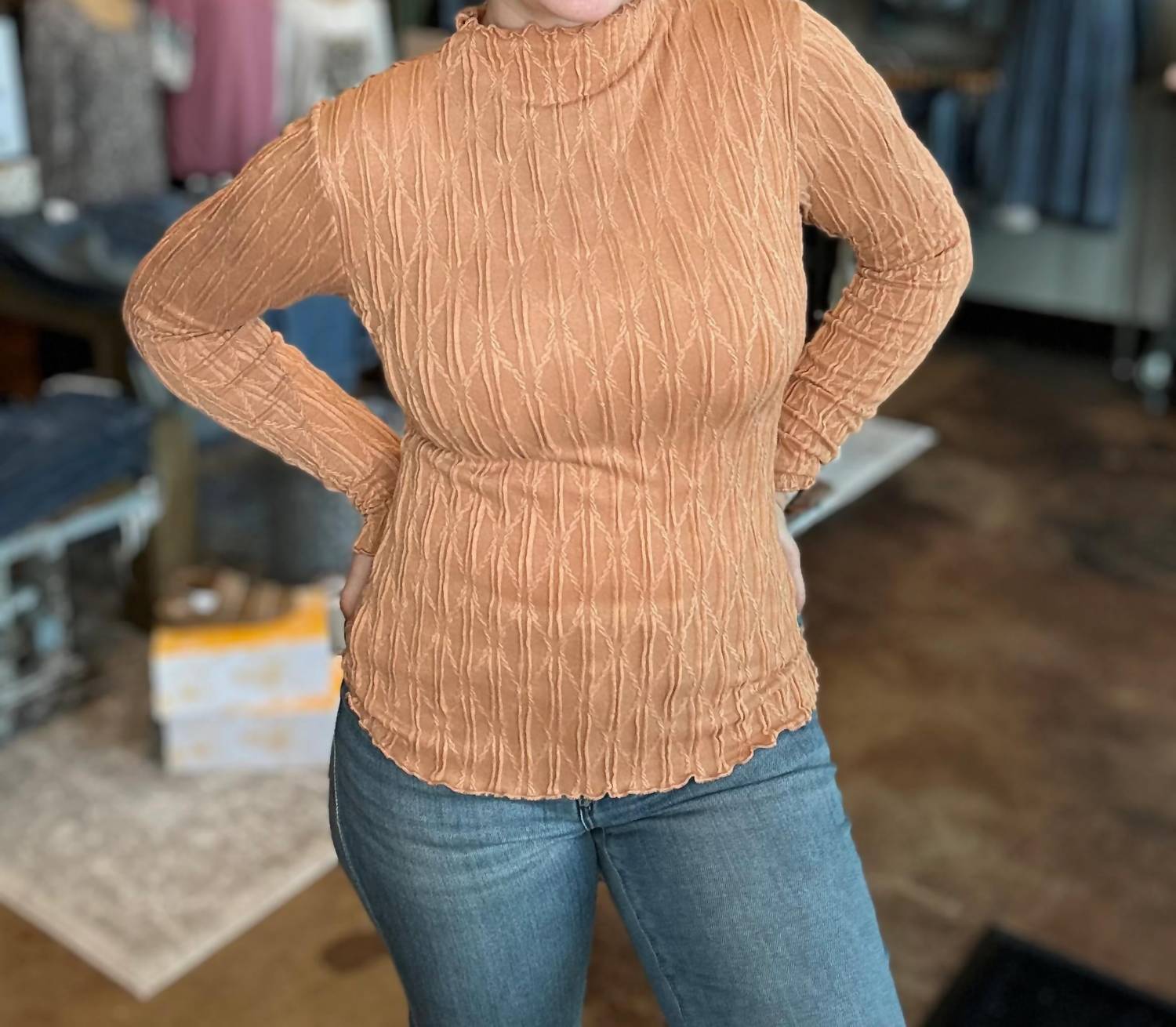 Mystree - Ruched Mock Neck Textured Top