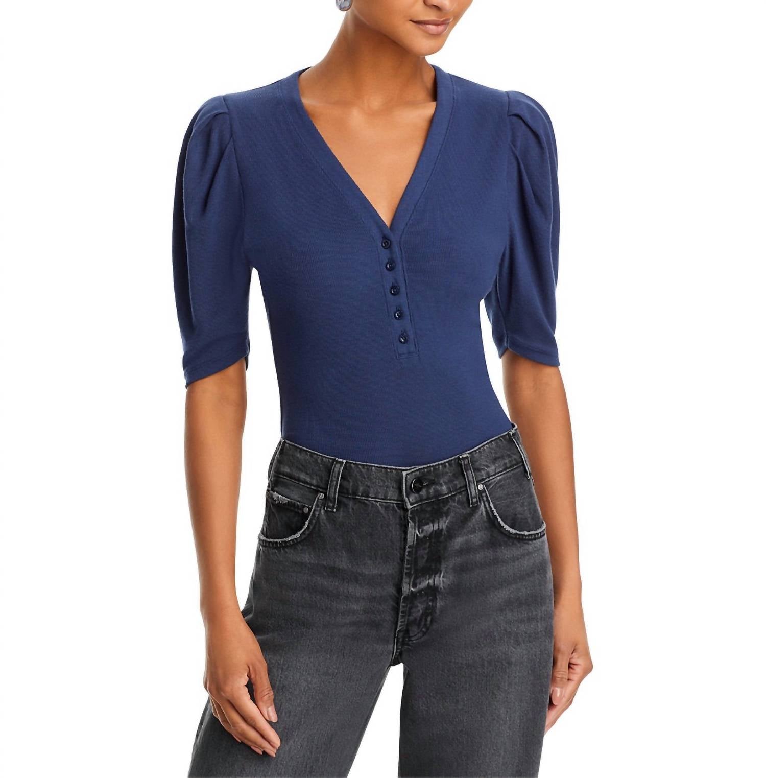 Frame - Rib Knit Ruched Sleeve Henley Tee