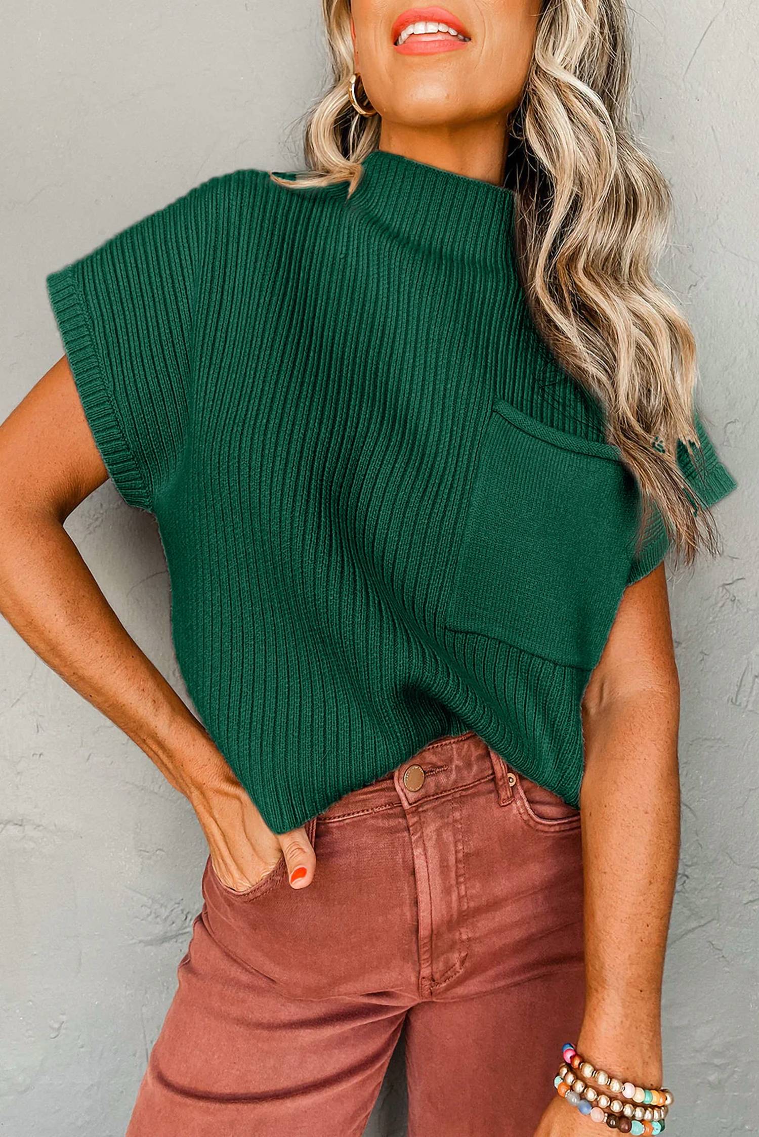 Dear Lover - Patch Pocket Ribbed Knit Short Sleeve Sweater