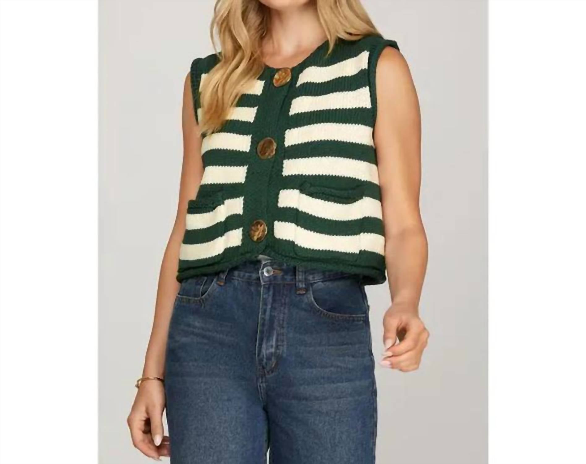 She + Sky - Striped Button Down Sweater Vest