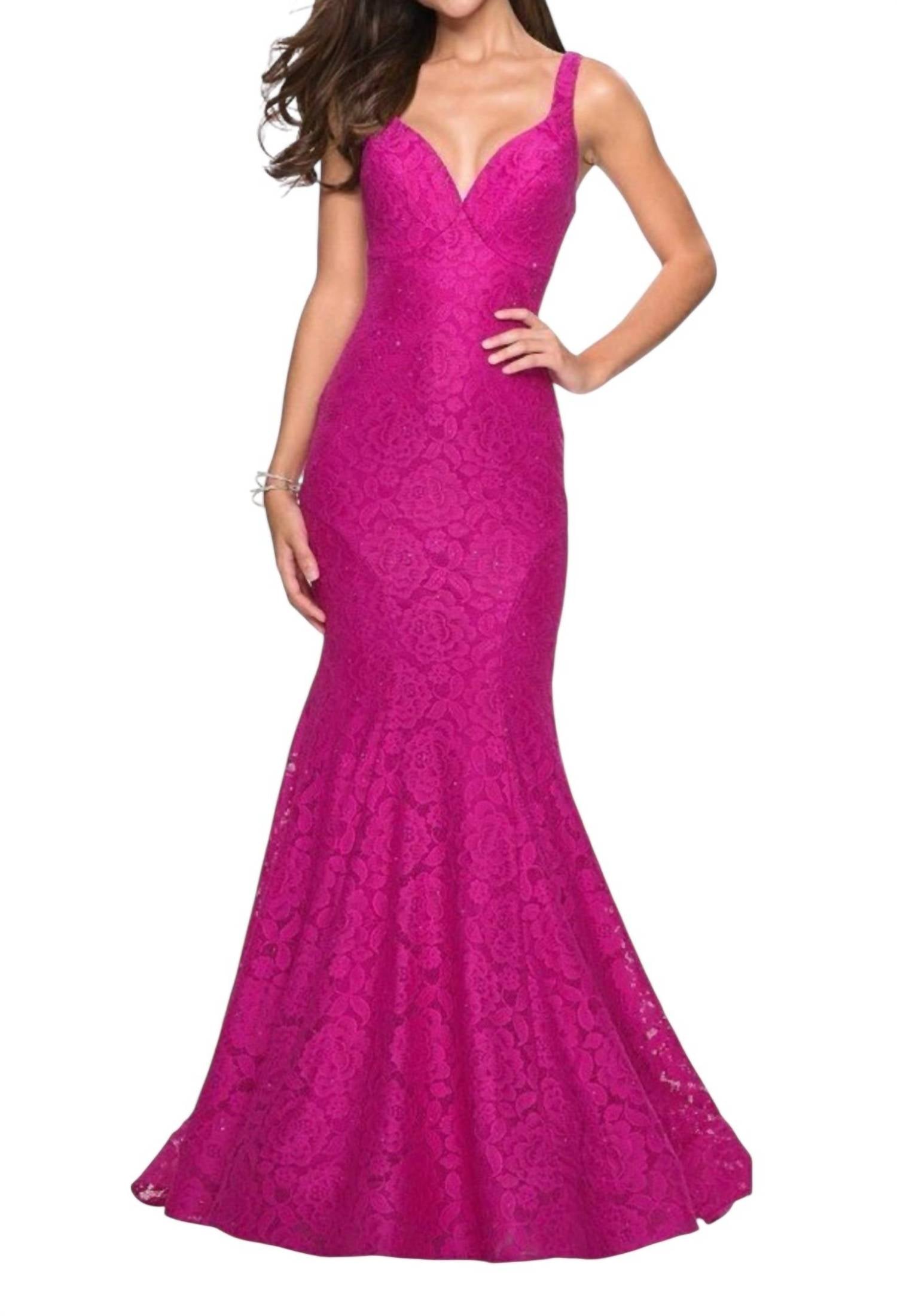 La Femme Strappy Low Back Lace Mermaid Gown in pink - women's dress