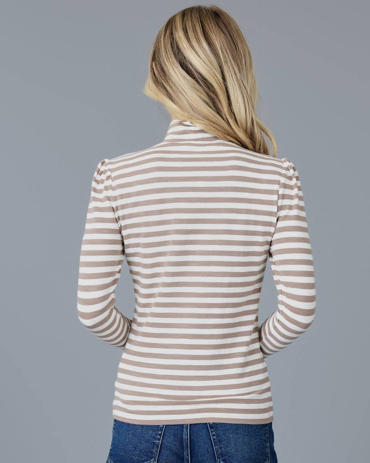DOWNEAST Essential Striped Turtleneck Top in cocoa stripe - women's long sleeve top - alternate view