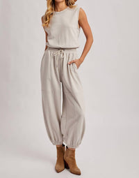 Bluivy - Women's Drawstring Waist Sleeveless Knit Active Jumpsuit