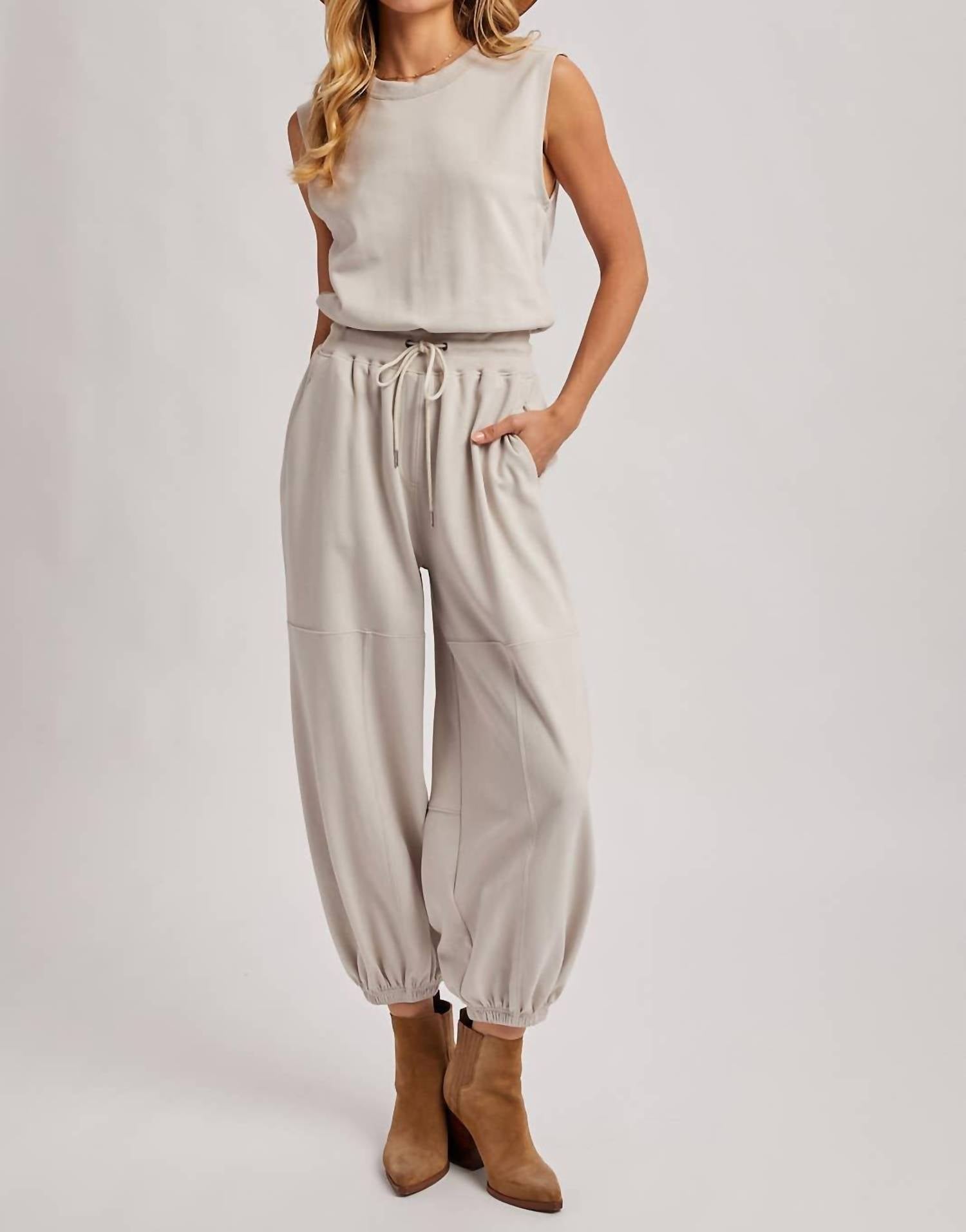 Bluivy - Women's Drawstring Waist Sleeveless Knit Active Jumpsuit