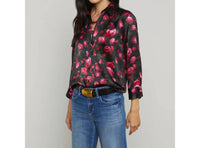 L'Agence Dani 3/4 Sleeve Silk Blouse in black pink rosa chinensis - women's blouse - detail view