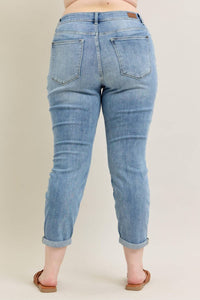 Judy Blue - Mid Rise Bleach Wash Cuffed Boyfriend Denim Jeans - Plus Size