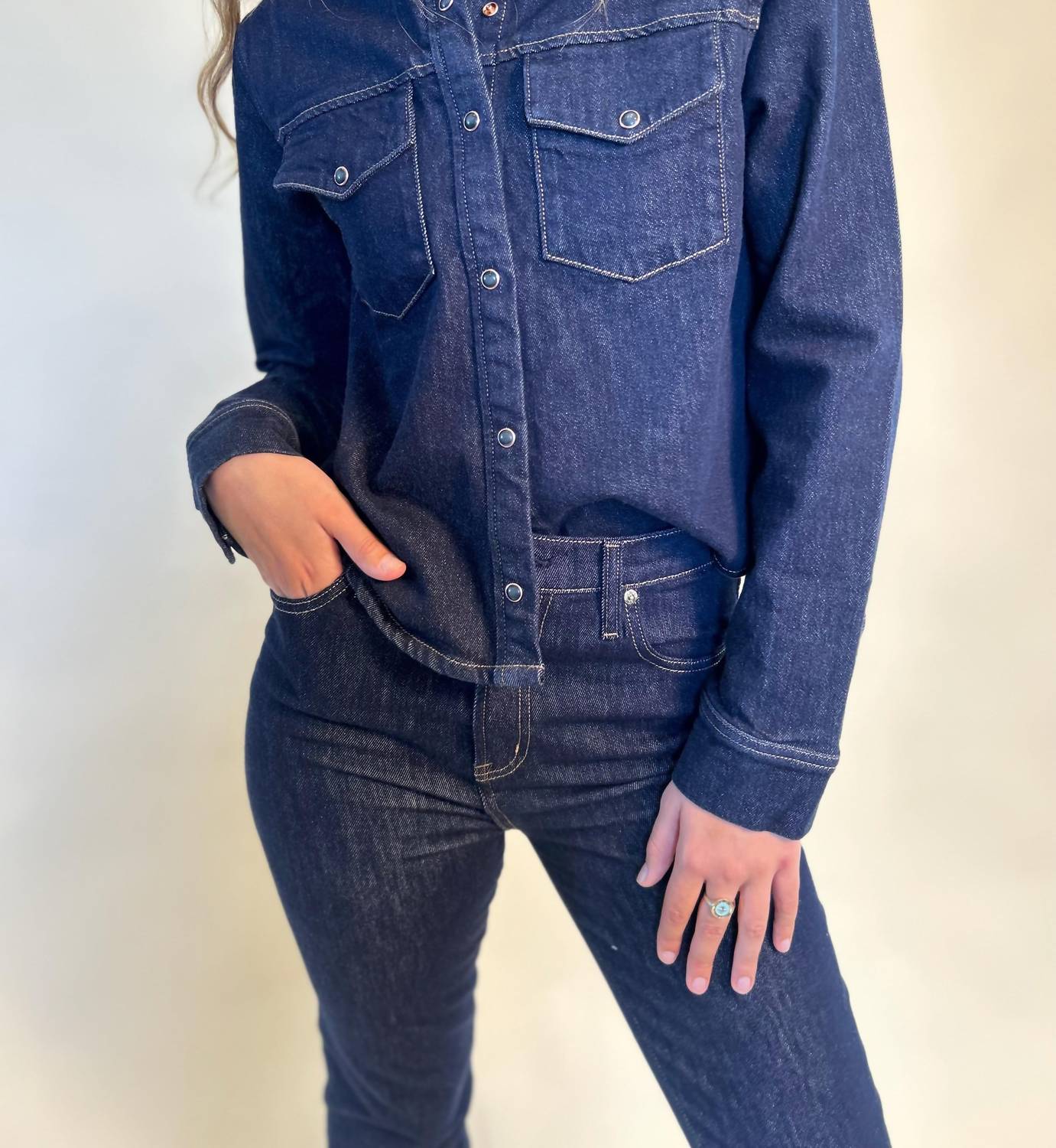 PISTOLA Thea Denim Shirt Top in nightfall - women's long sleeve top - detail view