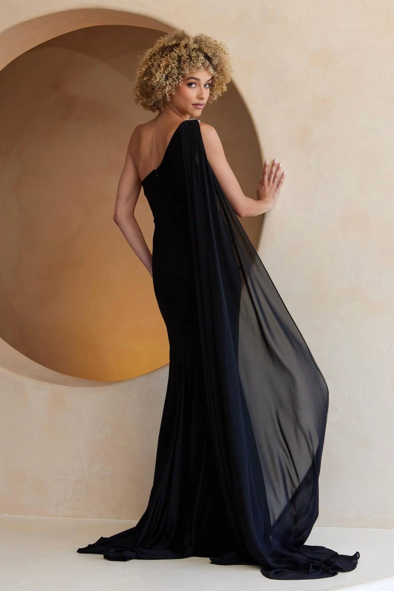 Amelia Couture - One Shoulder Cape Slit Gown