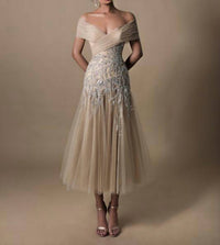 Tarik Ediz Lana Off The Shoulder Tea-length Dress in stone - women's dress