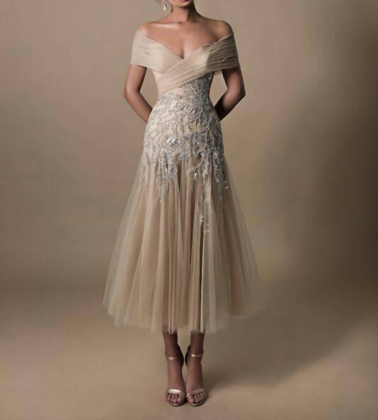 Tarik Ediz Lana Off The Shoulder Tea-length Dress in stone - women's dress