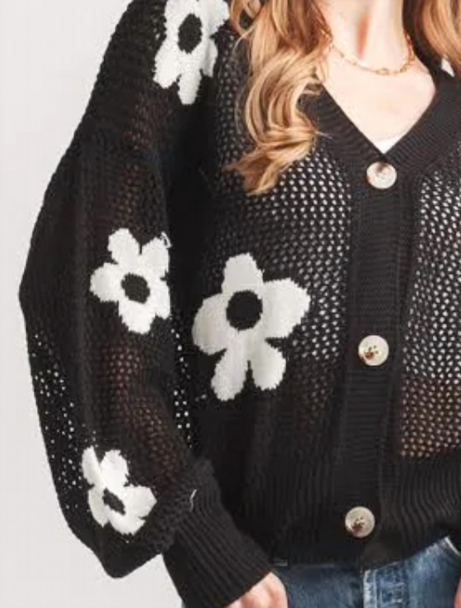 Papillon - Open Knit Daisy Print Long Sleeves Cardigan