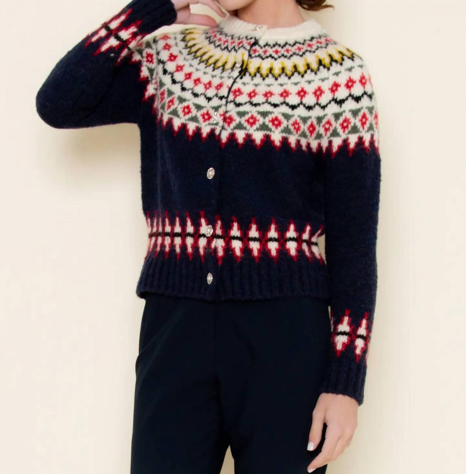 Fore Collection Fair Isle Knit Sweater Cardigan in black multi - women's sweater - view 6
