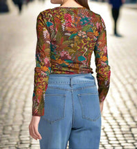 APNY Sheer Floral Long Sleeve Mesh Top in olive multi - women's t-shirt - detail view