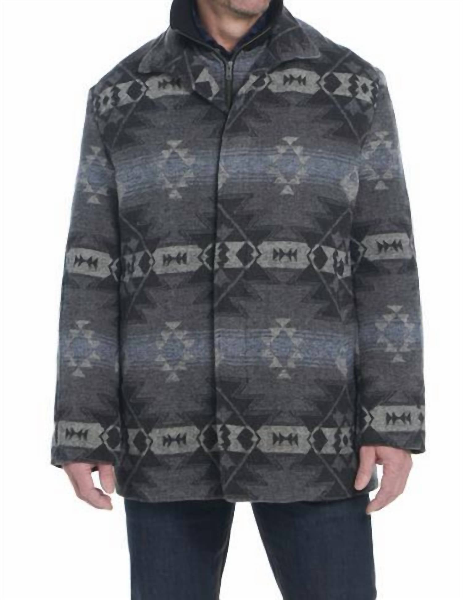 Cripple Creek Navajo Blanket Zip And Button Front Coat With Knit Collar in cosmic grey - men's jacket