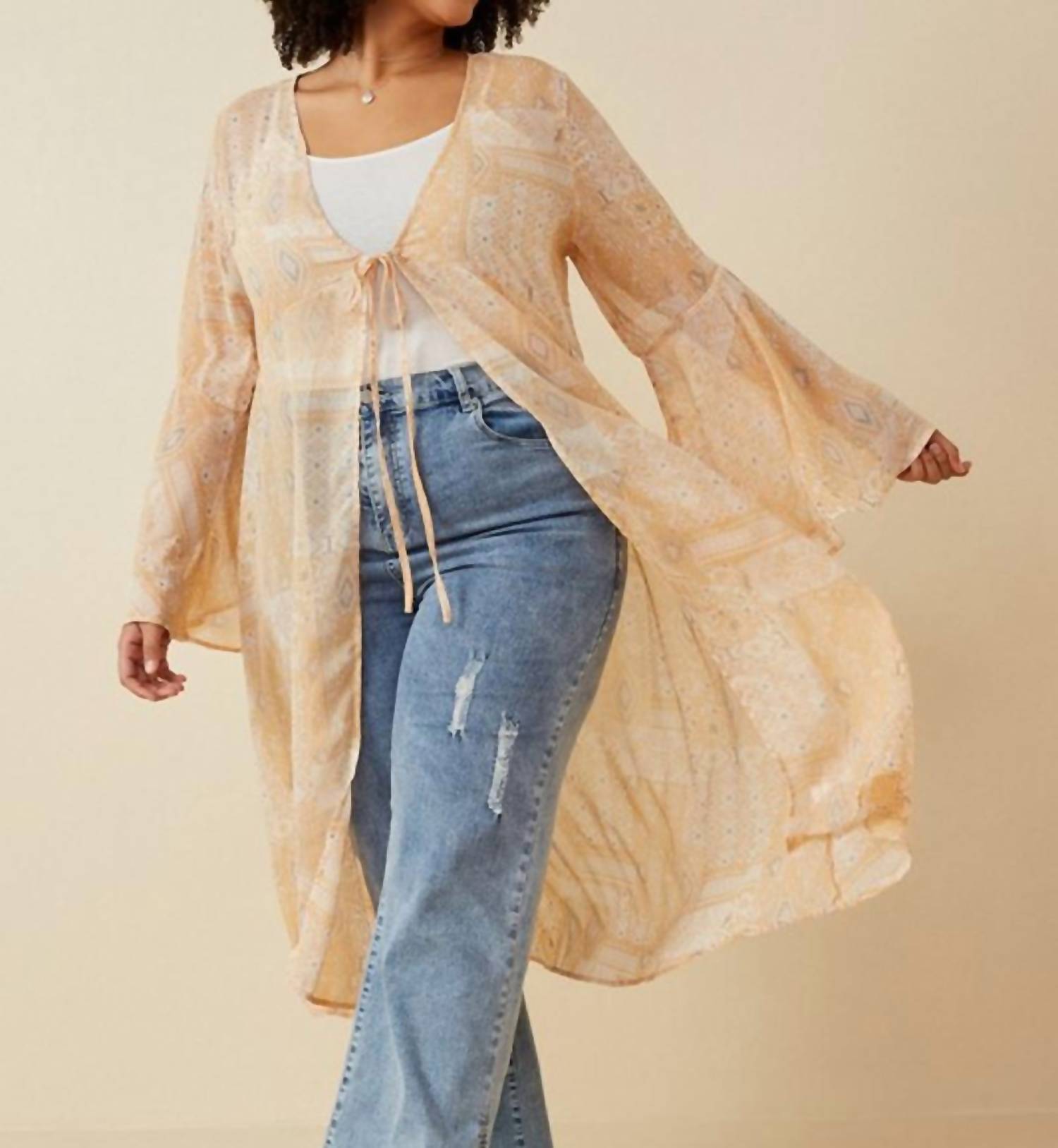 Hayden La - Sheer Patch Print Chiffon Tie Front Duster