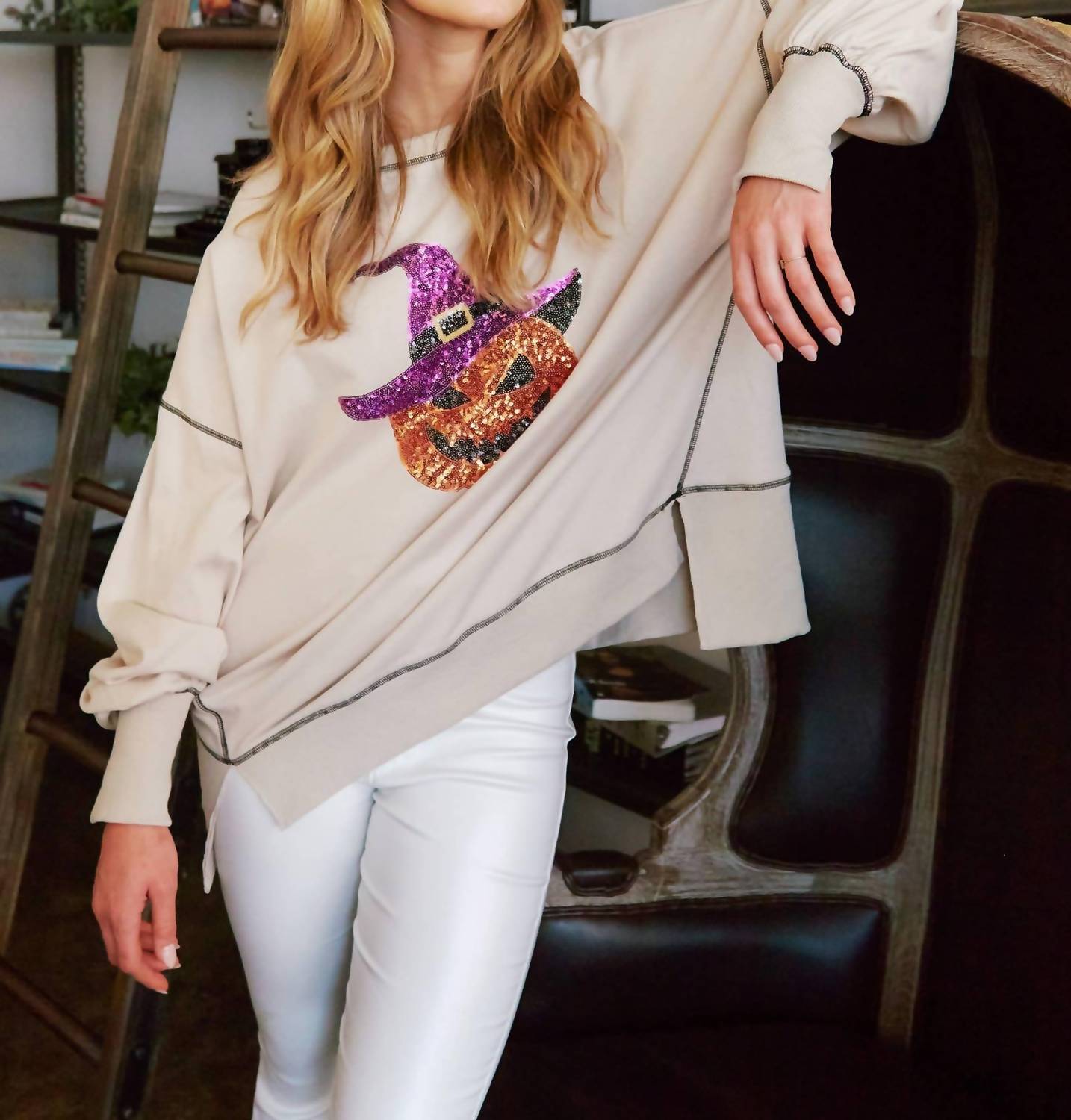 Fantastic Fawn - Sequin Halloween Pumpkin Patch Knit Sweatshirt