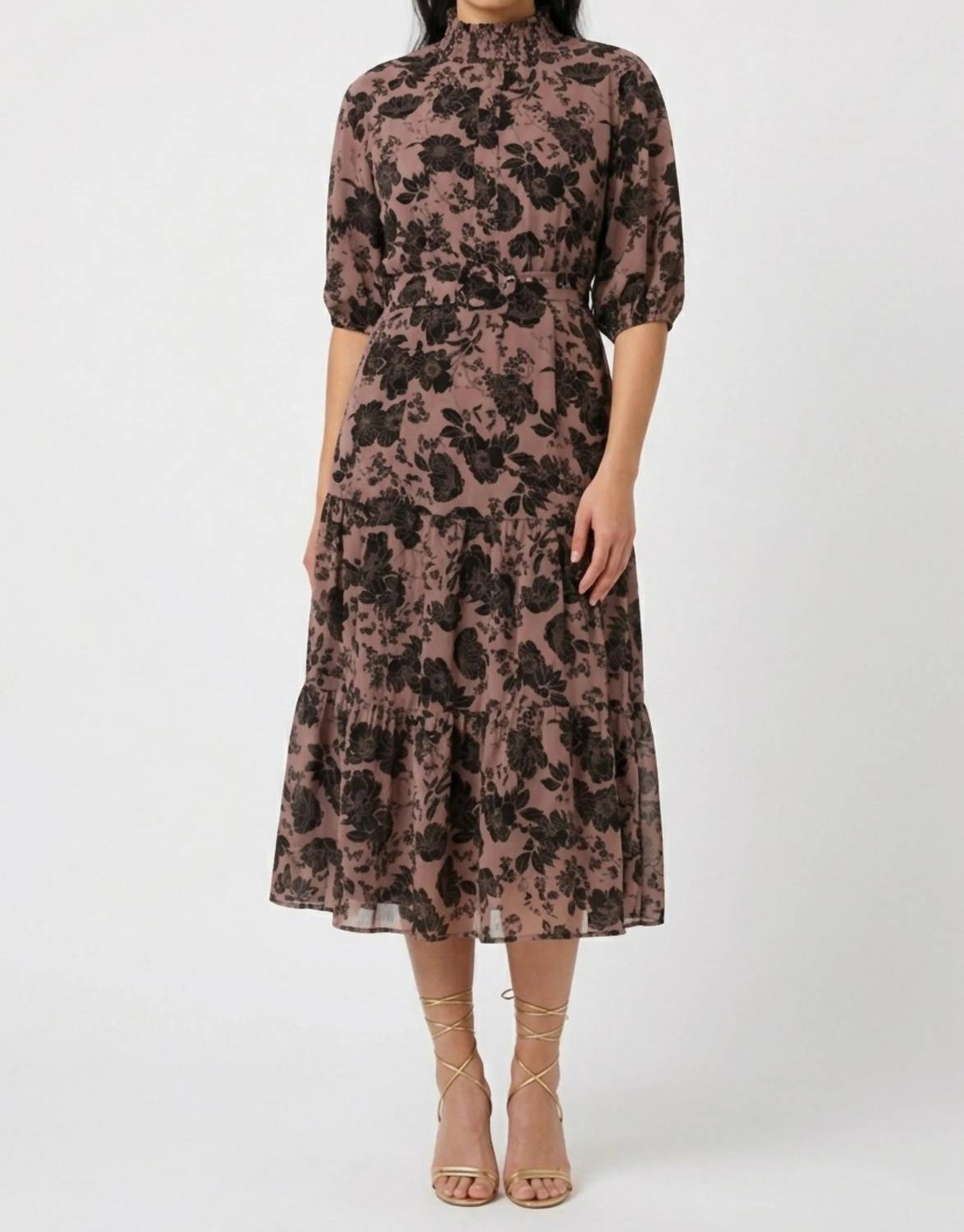 Laundry By Shelli Segal - Print Smocking Mock Neck Belted Dress