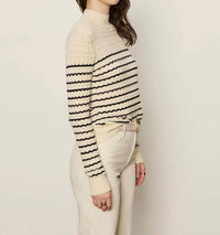 Sanctuary Forever Striped Mock Neck Top in vanilla creme with black stripe - women's long sleeve top - detail view