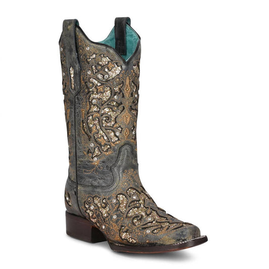 Women's Glitter Inlay with Studs and Crystals Square Toe Western Cowboy Boots