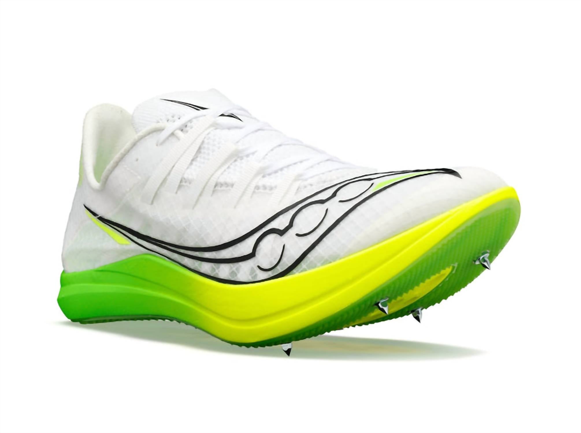 SAUCONY Men's Endorphin Cheetah Spike Shoes in white slime - men's shoe - detail view