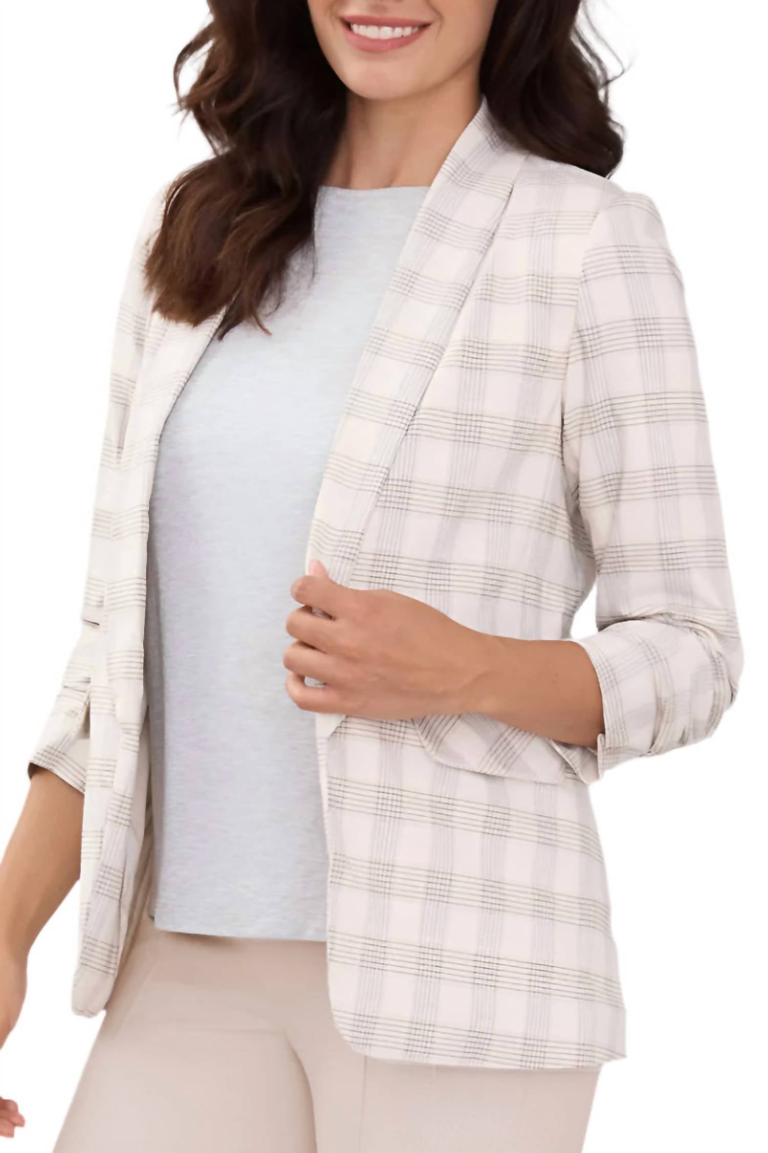 Peace Of Cloth - Lapel Collar Ruched Sleeve Plaid Crepe Blazer