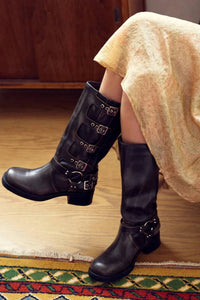 Steve Madden - Women's Rocky Distressed Leather Buckle Hardware Tall Moto Engineer Boots