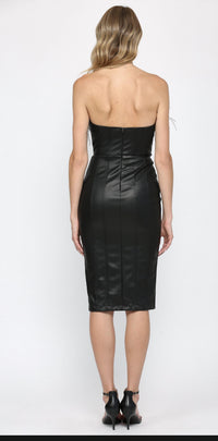 Lola Faux Leather Strapless Dress with Feather Trim