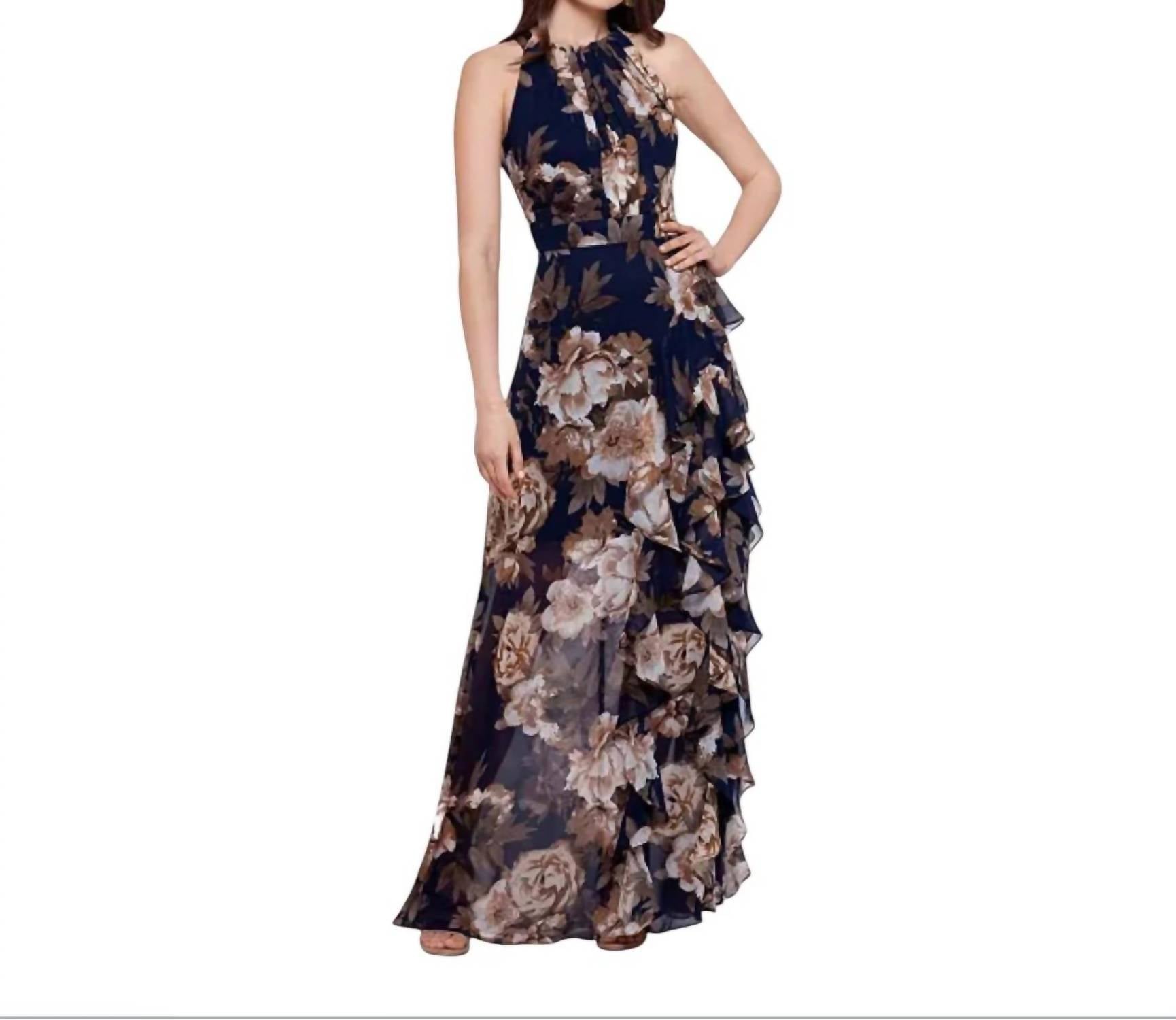 Betsy & Adam - Petite Floral Chiffon Ruffle Gown