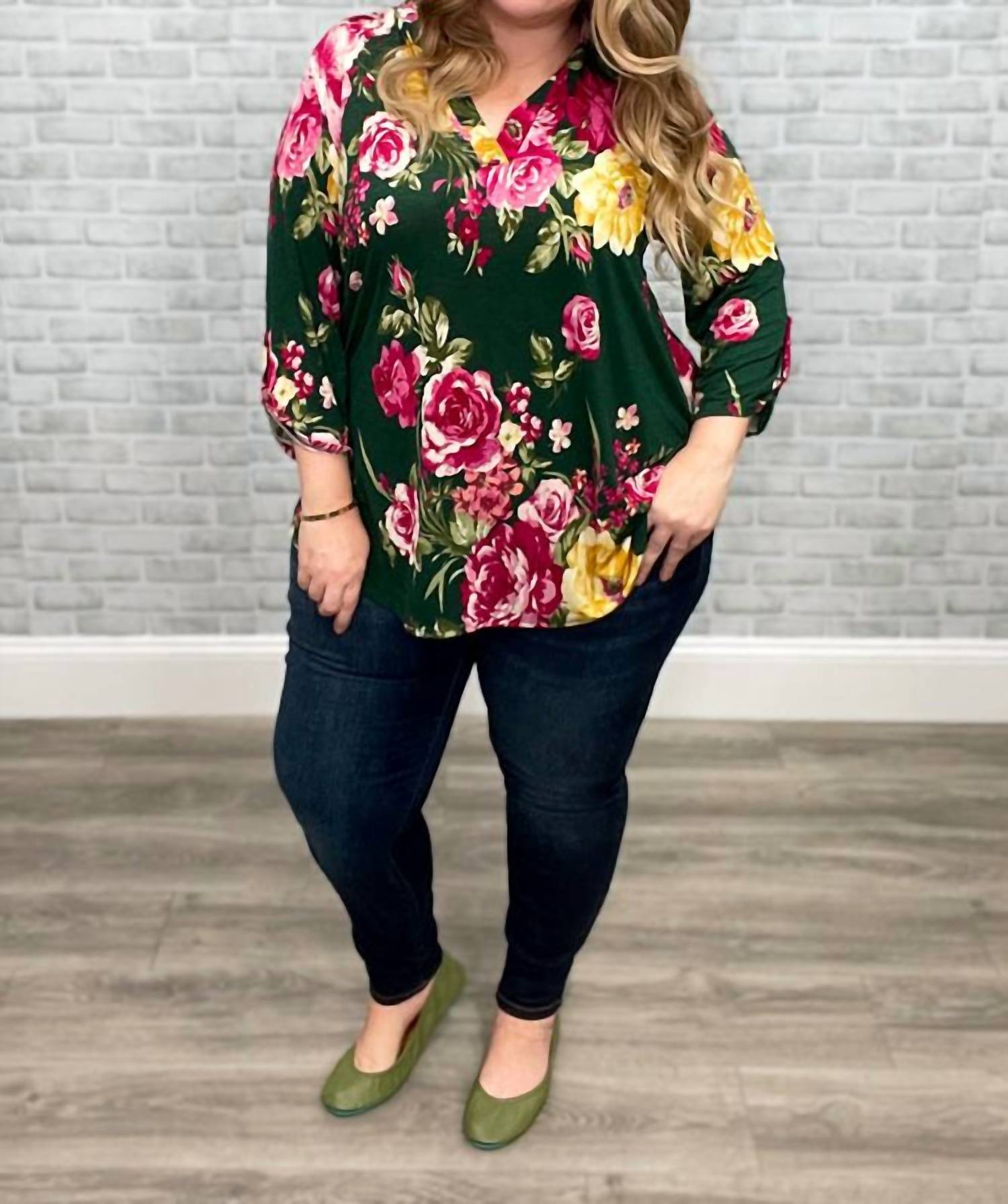 Honeyme - Floral Mandarin Collar Gabby Tunic Top