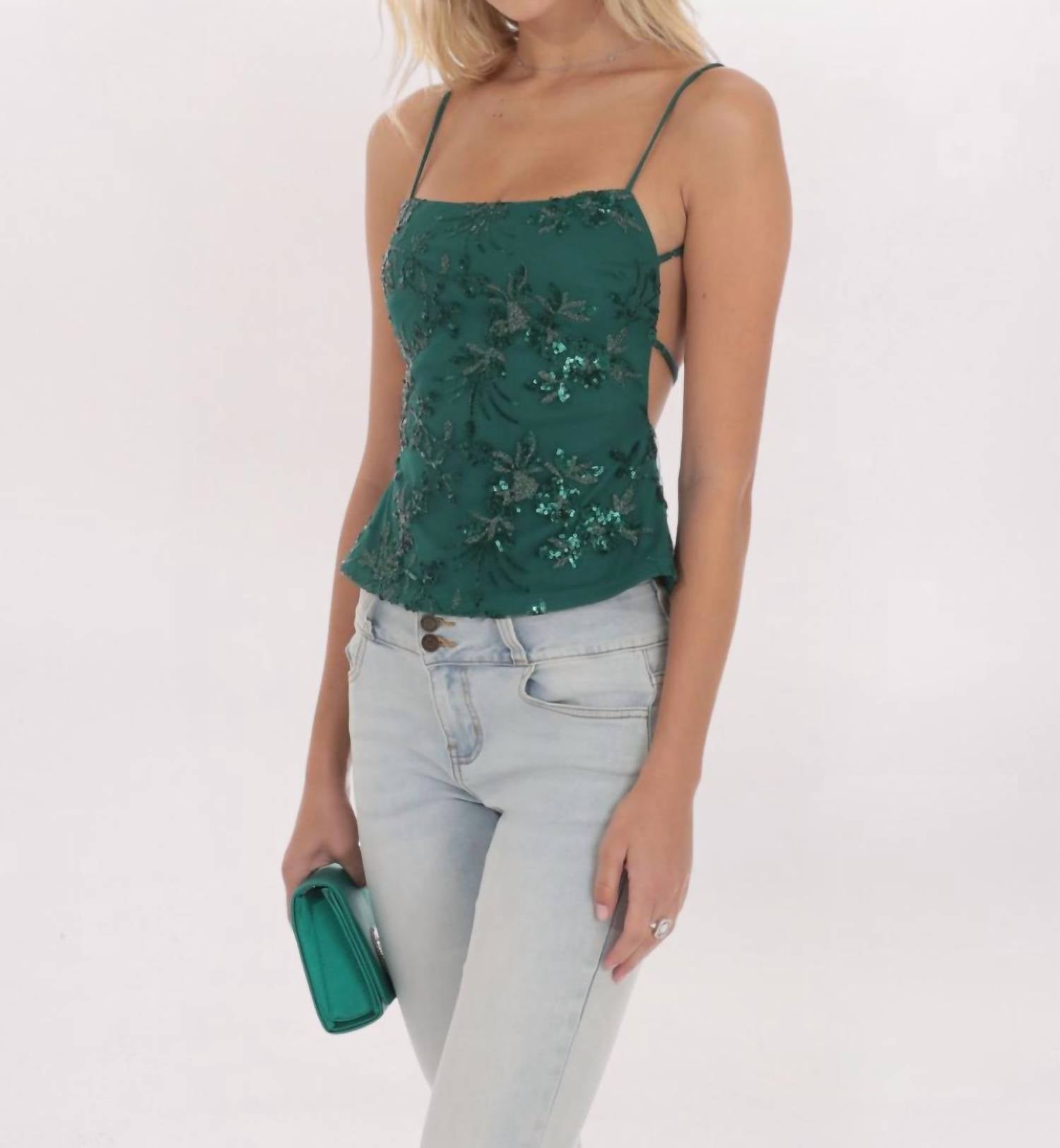 Lucy in the Sky SEQUIN EMBROIDERED OPEN BACK TOP in the sky sequin embroidered open back top in green - women's tank top - view 4