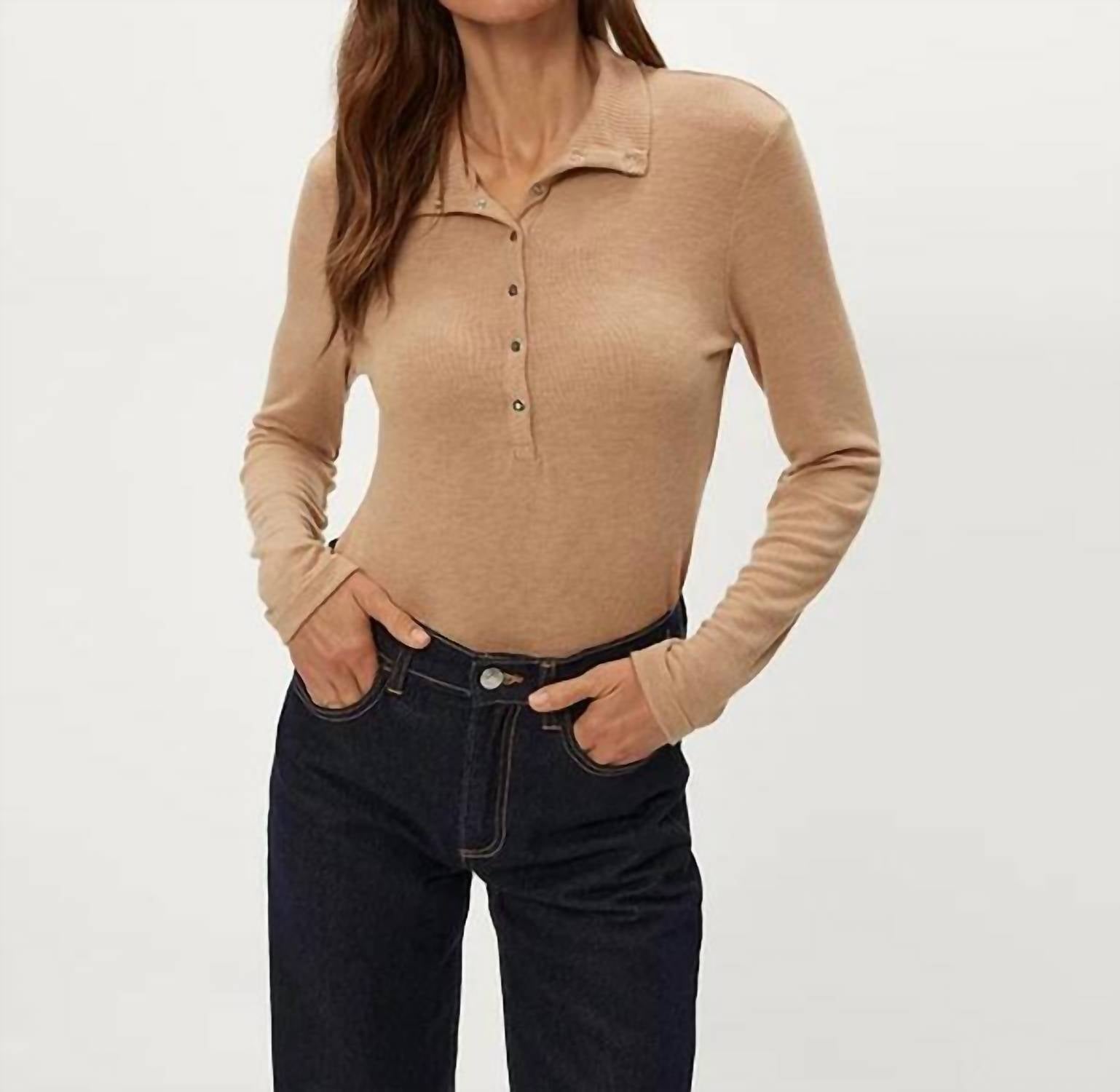 Michael Stars Issa Rib Henley Top in beige - women's long sleeve top