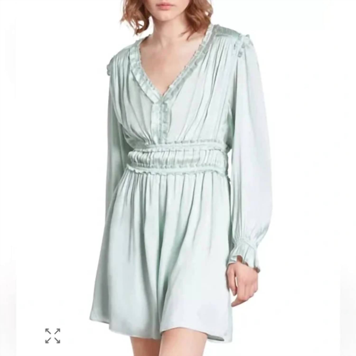 THE KOOPLES Ruffled Long Sleeve Mini Dress in mint green - women's dress - detail view