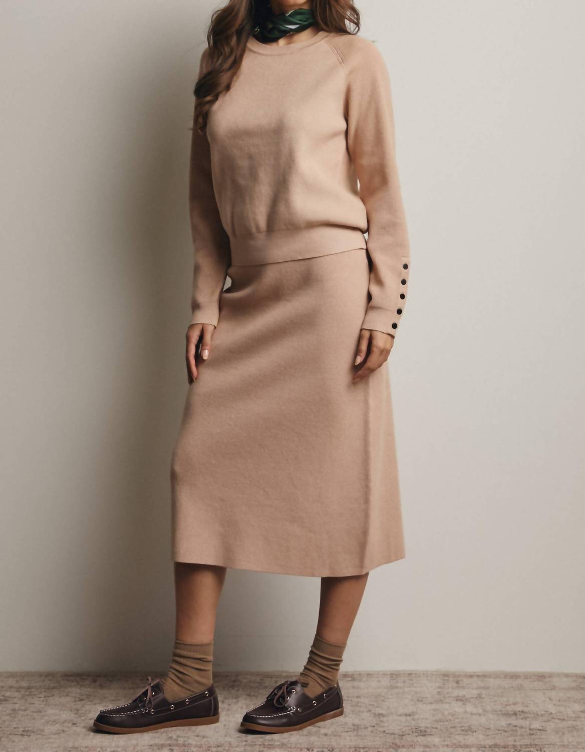 Forte - Ribbed Cuff Sweater & Midi Skirt Knit Set