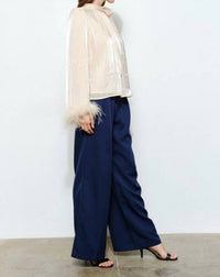 Skies Are Blue - Delphine Metallic Shimmer Bow Tie Feather Hem Blouse Top