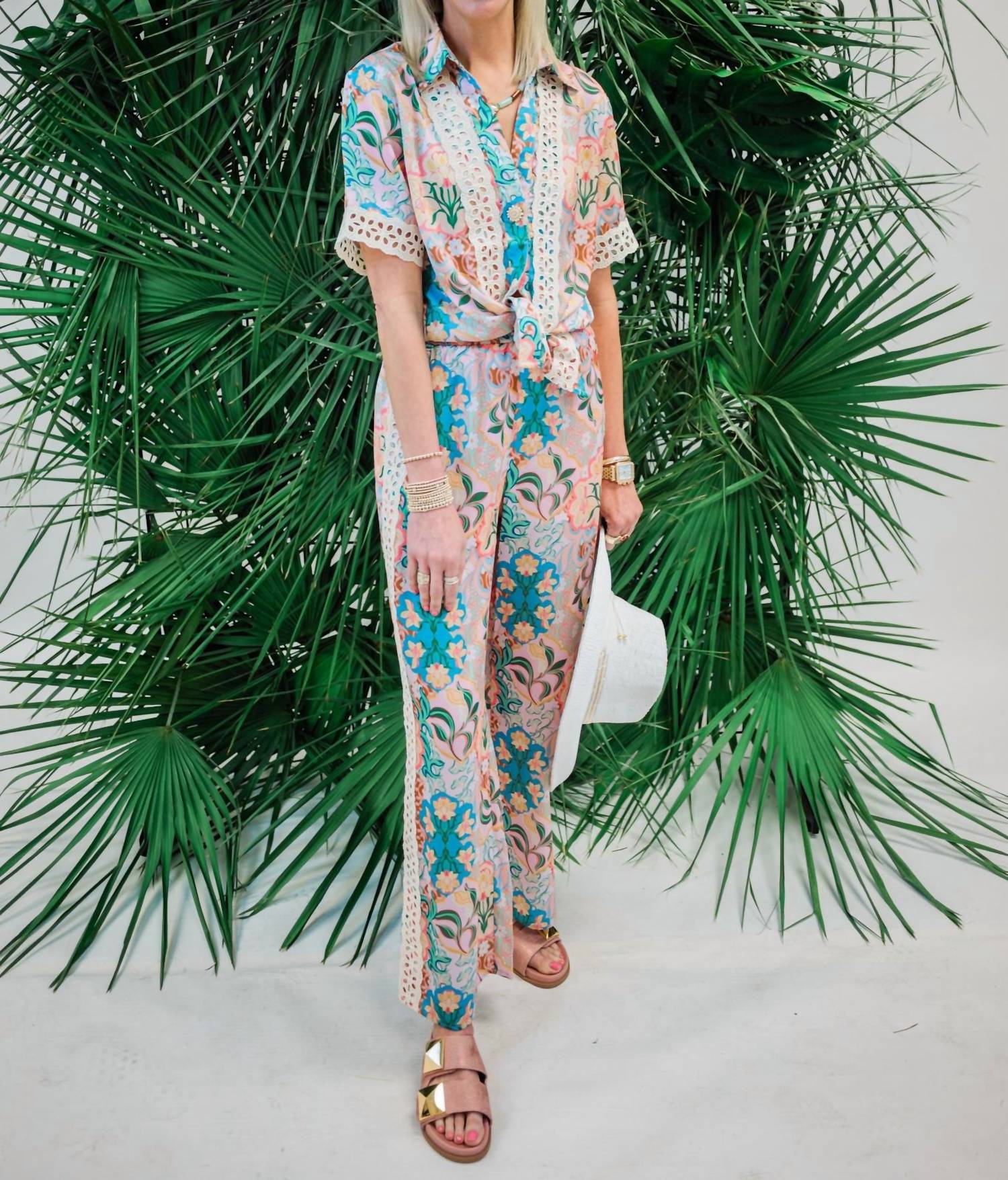 Strut & Bolt Seychelles Print Satin Shirt And Pants Set in multi - women's sleepwear