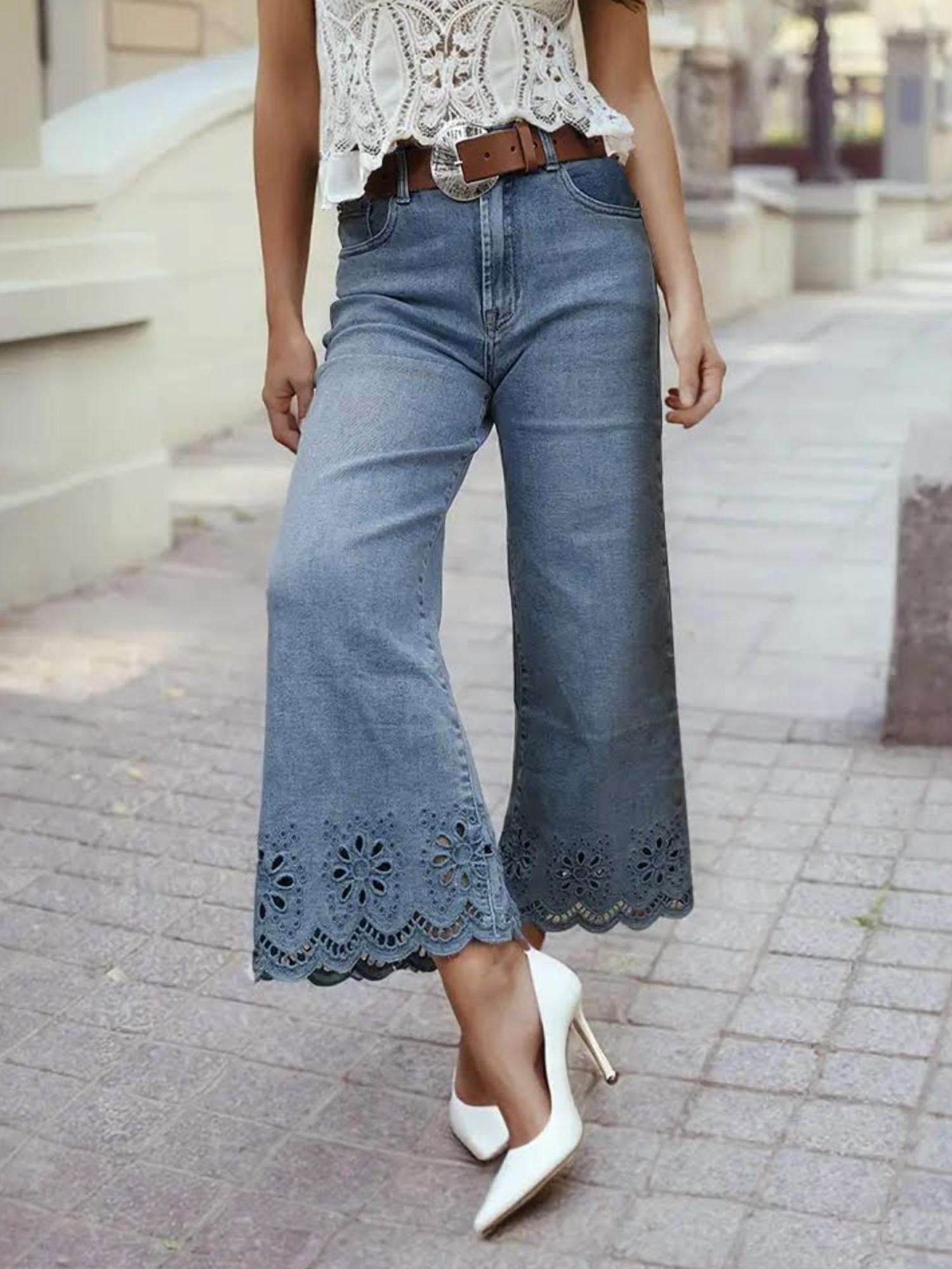 1 The Woman - Embroidered Wide Leg High Waist Jeans