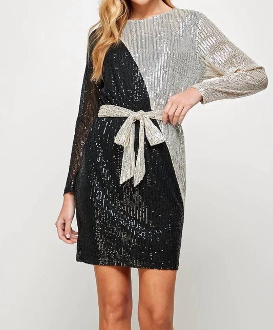 See And Be Seen - Sequin Color Blocked Long Sleeve Dress With Sash