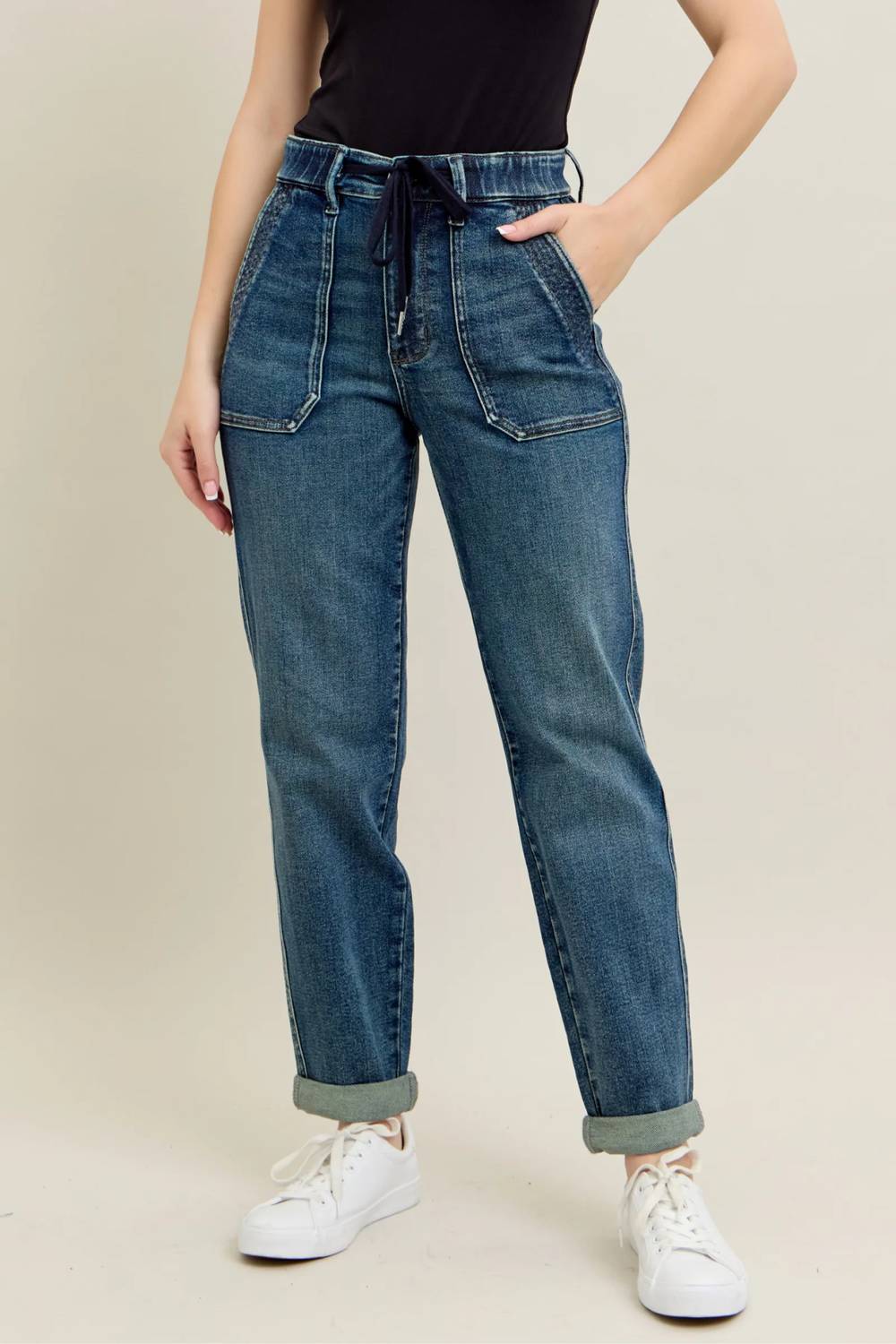 Judy Blue - High Waist Vintage Wash Jogger With Navy Drawstring