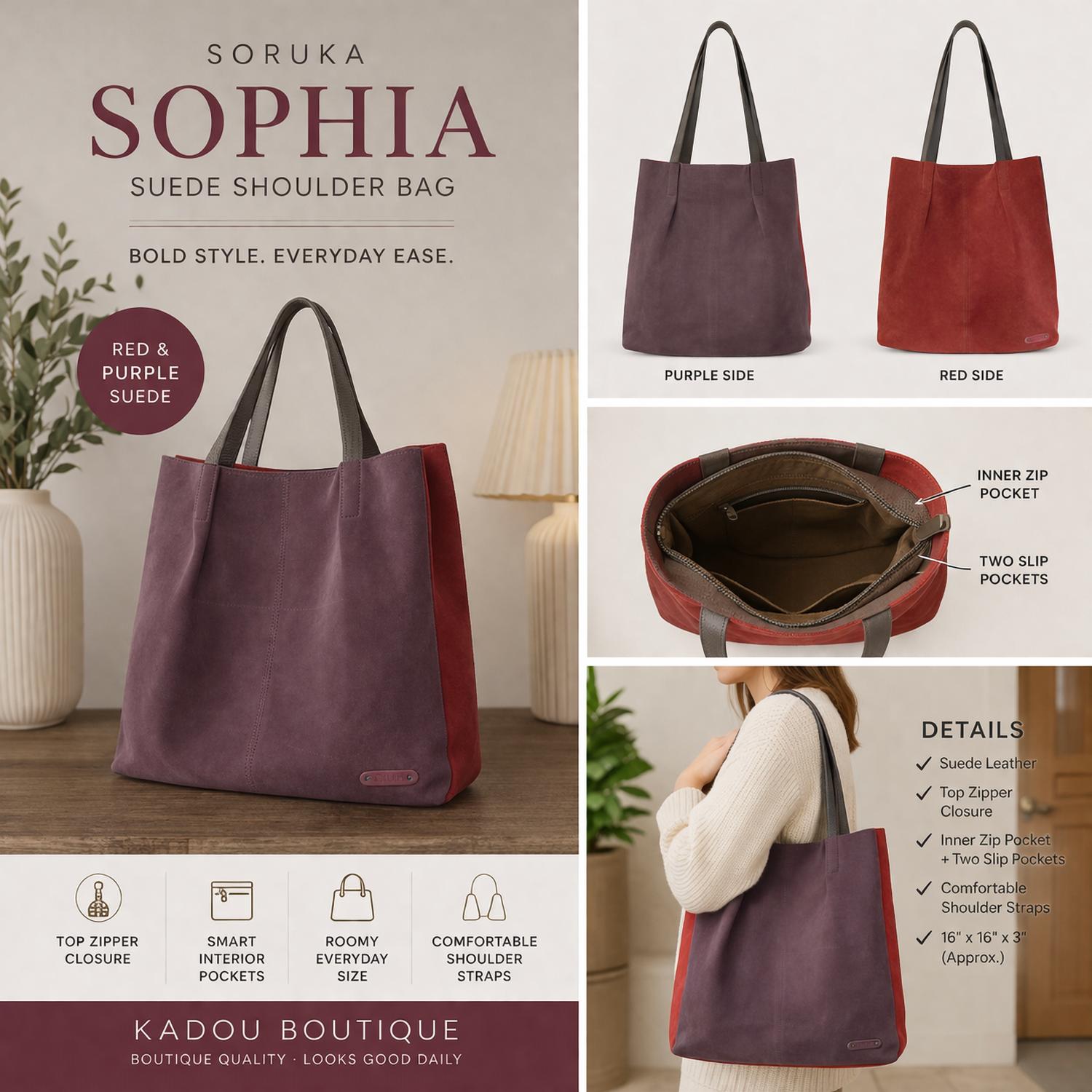 Soruka Women's Sophia Shopper Shoulder Bag in red and purple suede - women's bag