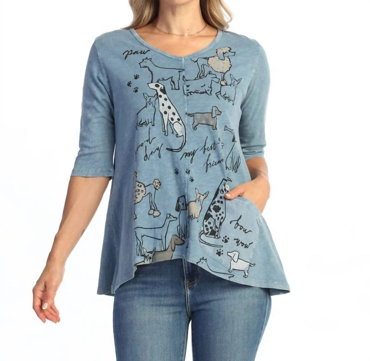 Jess & Jane - Riva Neck Elbow Sleeve Top With Contrast Pocket & Buttons