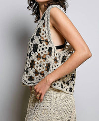 Pol - Decorative Touch Button V-neck Floral Crochet Vest