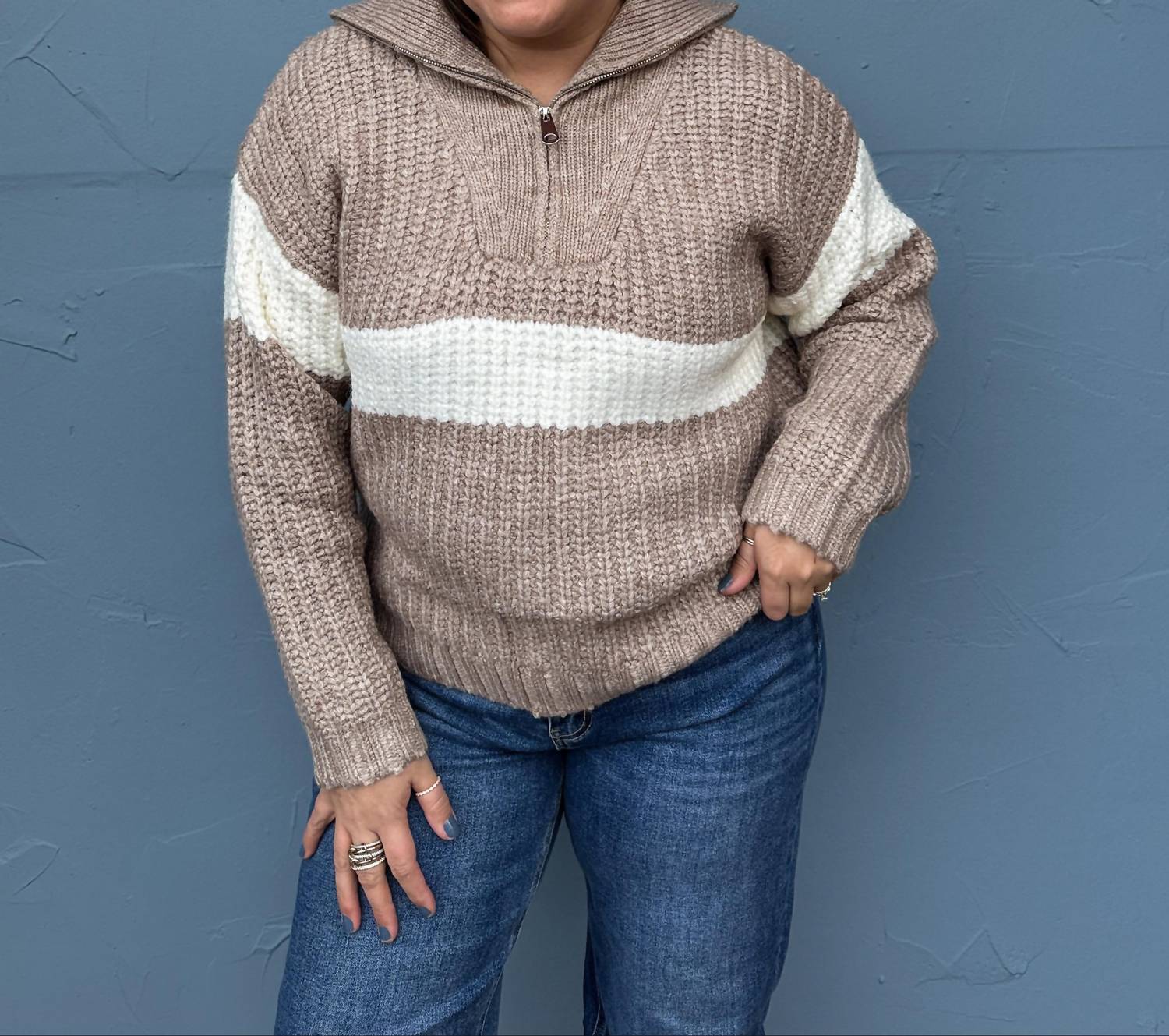 Urban Daizy - Contrast Stripe Half Zip Sweater