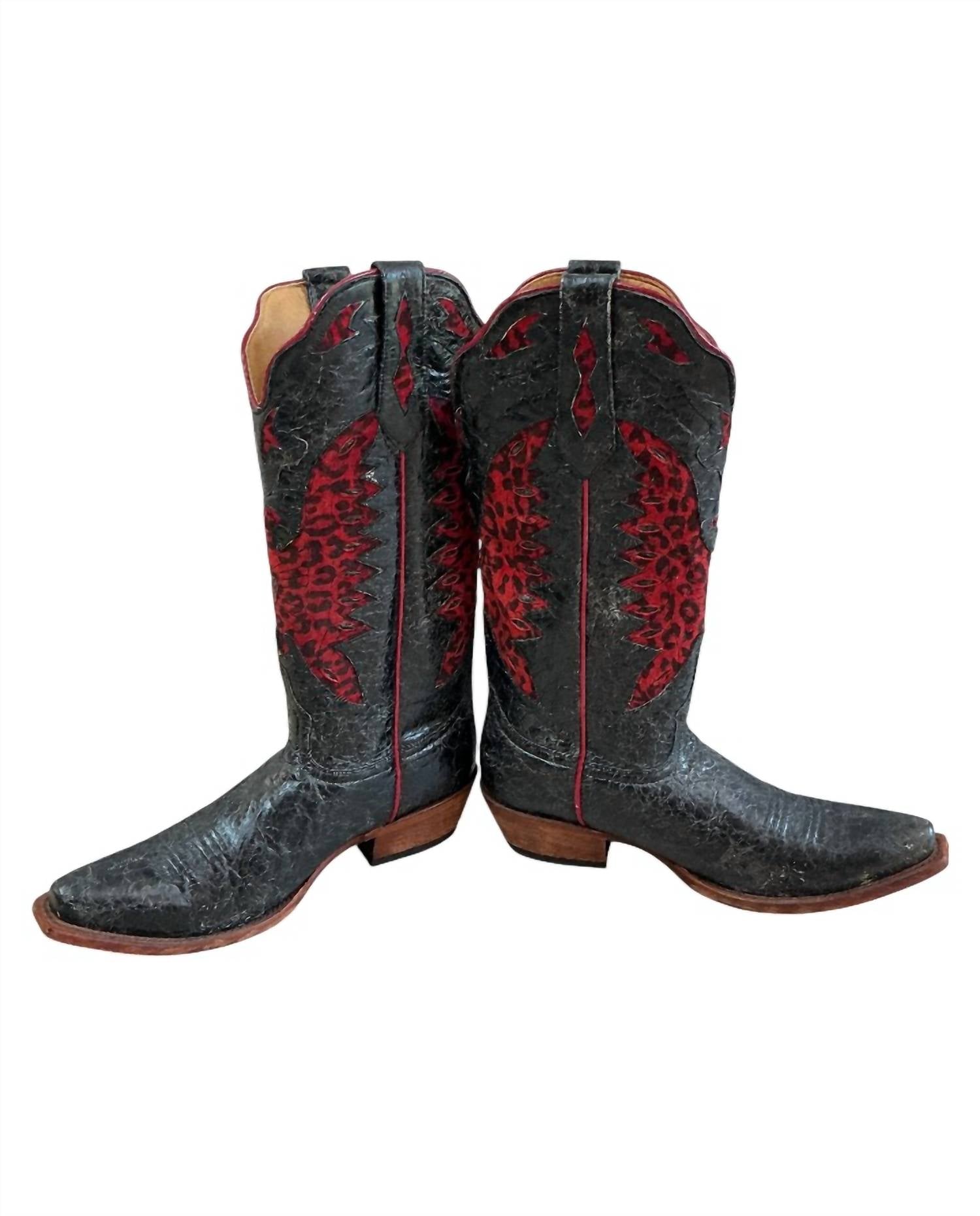Johnny Ringo Men's Leather Cowboy Boots in barn black and red - men's boots - detail view