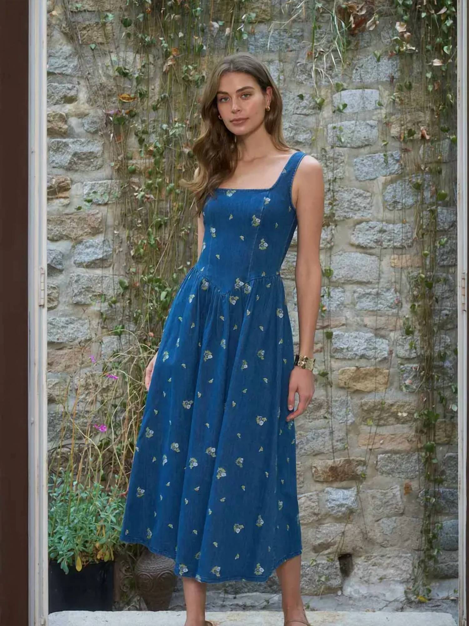 Moon River - sleeveless square neck floral embroidery detail denim midi dress