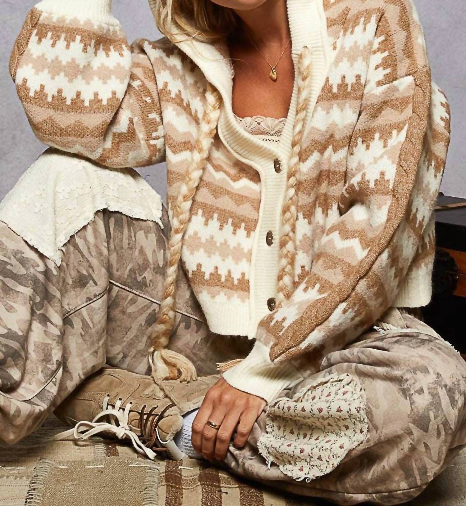 Pol - Array Of Chevron Pattern Hooded Sweater Cardigan
