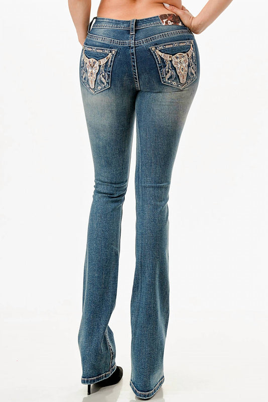 Grace In La - STEER HEAD & TRIBAL FEATHERS MID RISE BOOTCUT EMBROIDERED JEANS